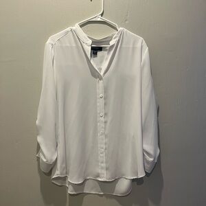 Karen Kane White Button Up Blouse with Cinched Sleeves Sheer White Top